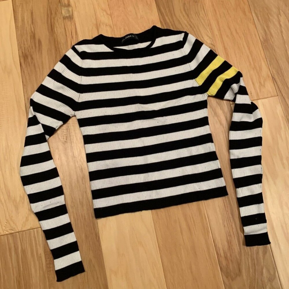Zara Cropped Striped Sweater Black White Yellow